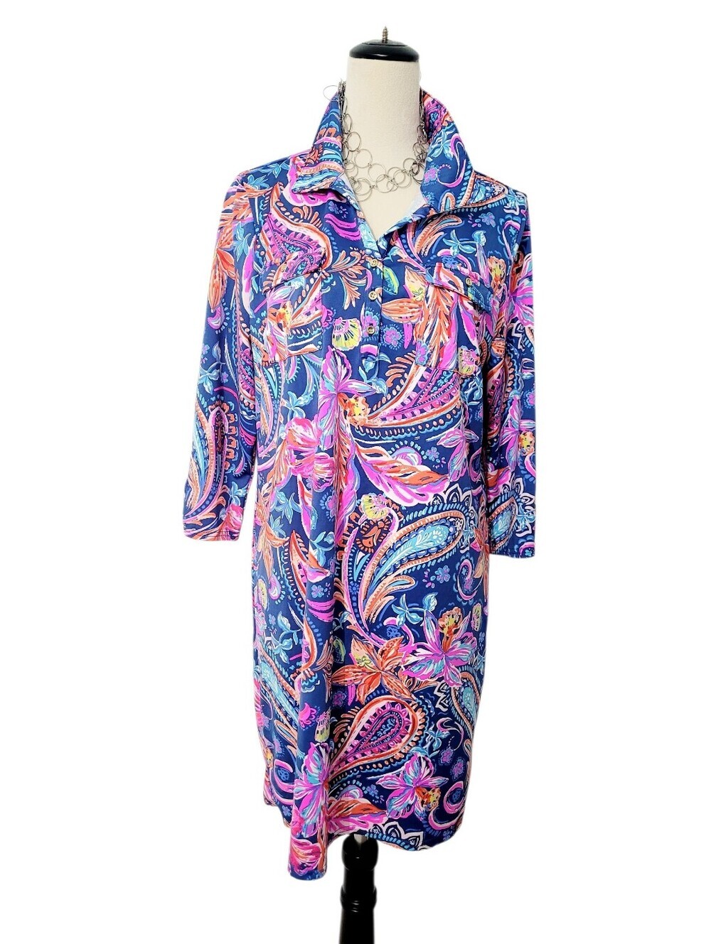 Stella Parker Liquid Knit SPF Dress Large Coastal Grandma Paisley Travel Tunic - Picture 2 of 13